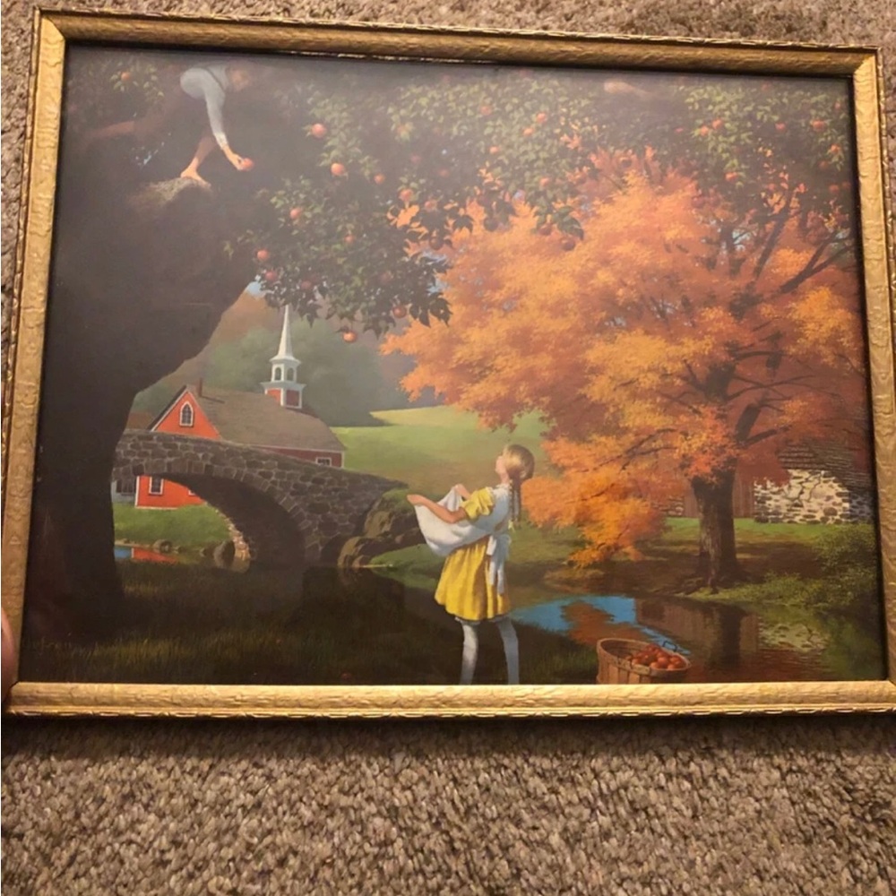 PAUL DETLEFSEN FRAMED PRINT Gathering Apples 13.75” x 10.75”